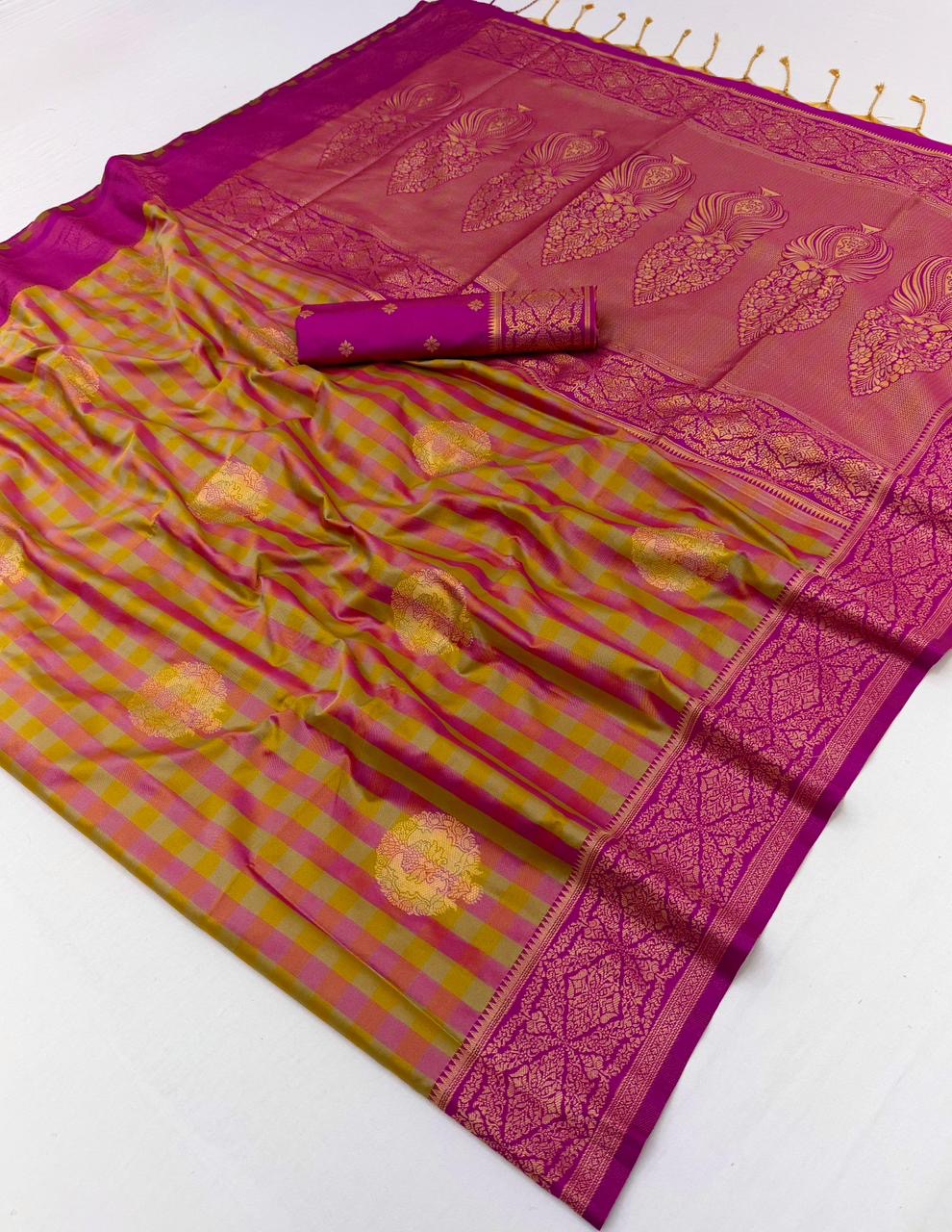 Royal Pink-Gold Checks Readymade/Easy Kanjivaram Saree - Panaash Saree