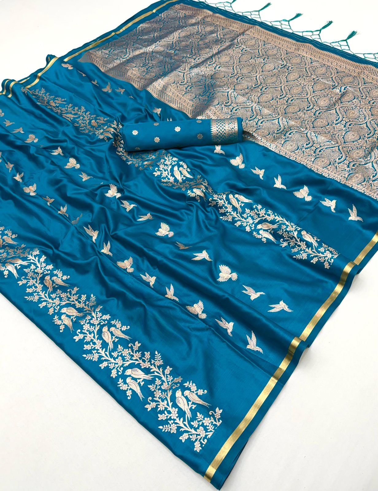 Peacock Blue Satin Silk Readymade/Easy Saree - Panaash Saree