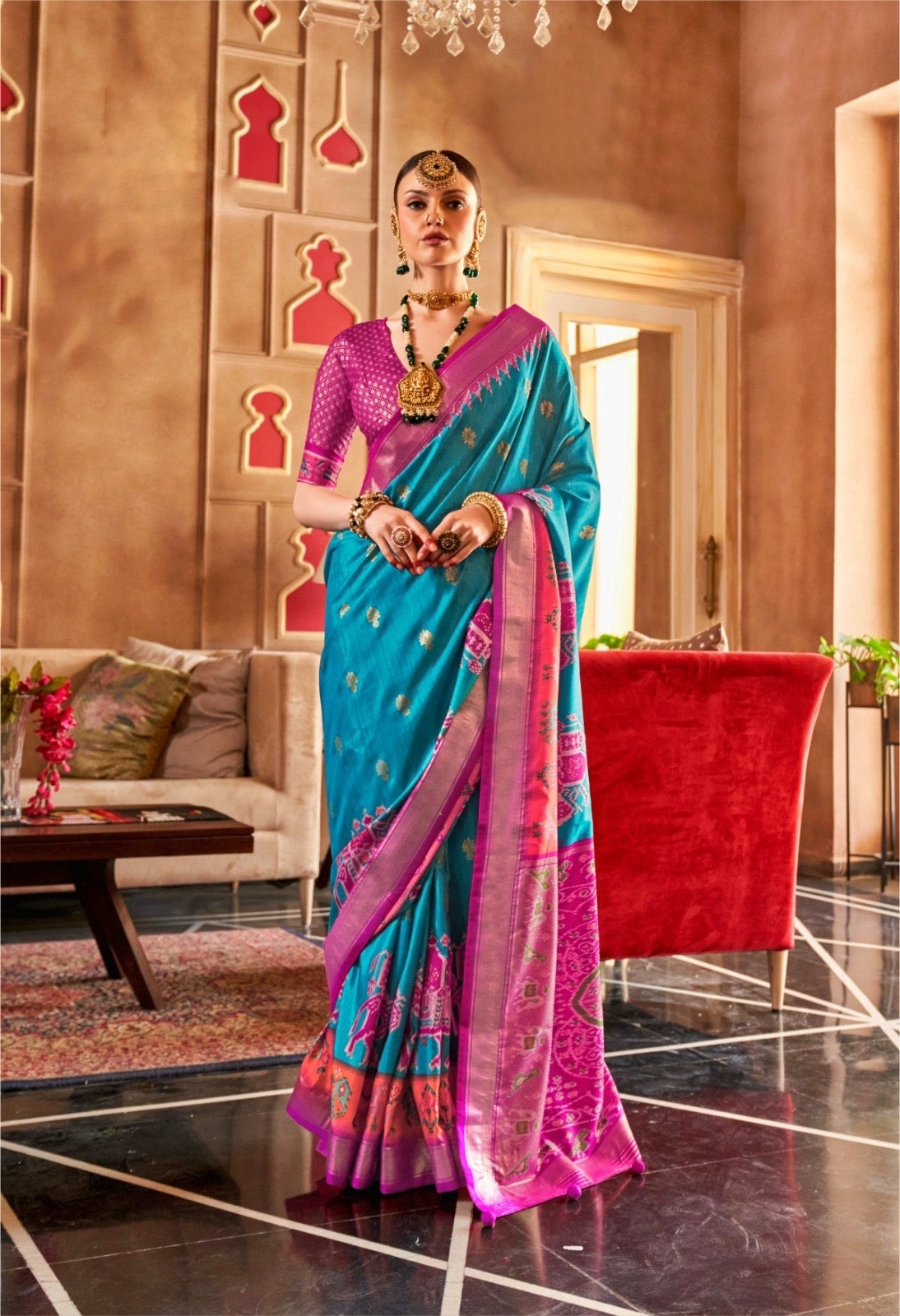 Blue Color Patola Silk Readymade/Easy Saree
