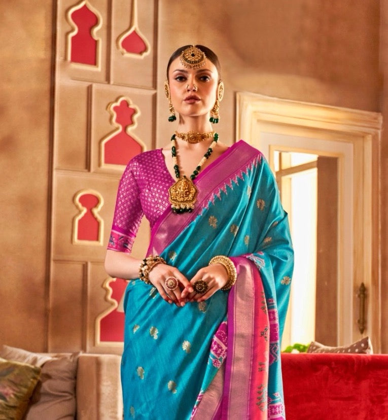 Blue Color Patola Silk Readymade/Easy Saree