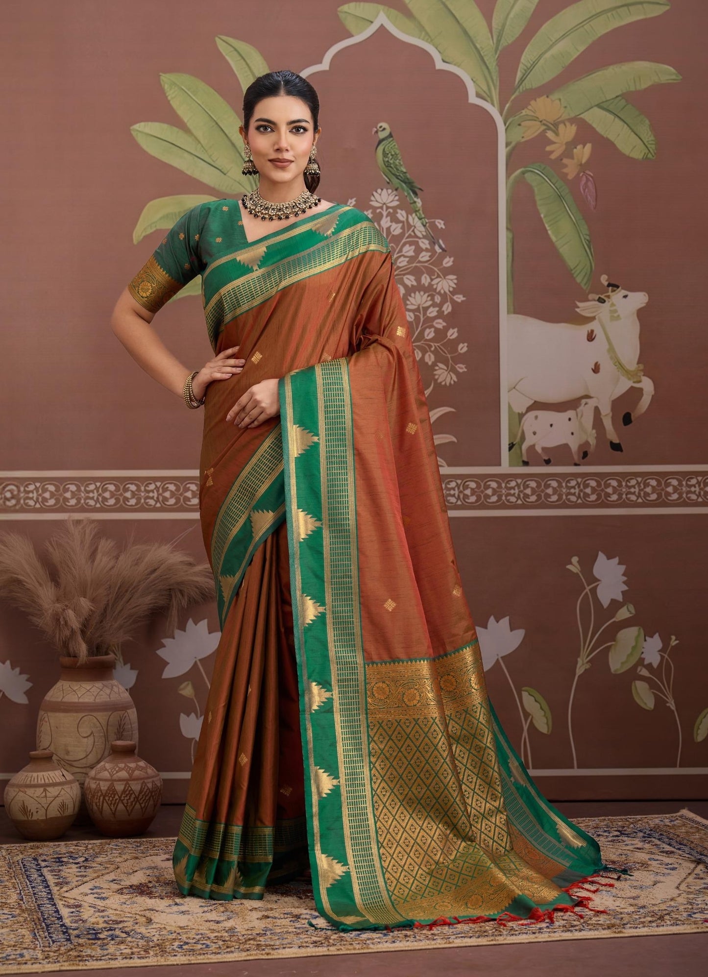 Rust Color Tussar Silk Readymade/Easy Saree