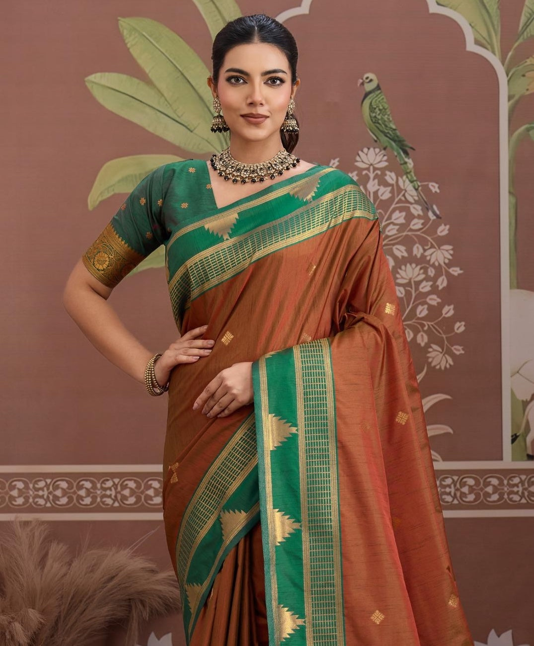 Rust Color Tussar Silk Readymade/Easy Saree