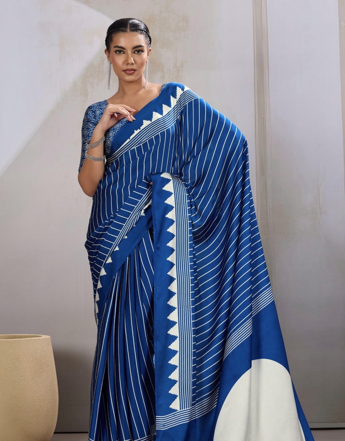Dark Blue Crepe Silk Readymade Saree