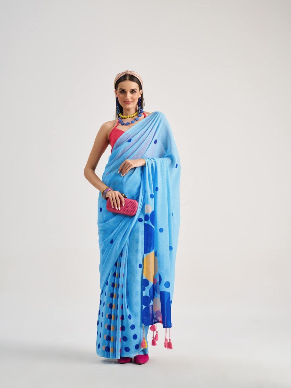 Blue Polka Dot Georgette Readymade/Easy Saree