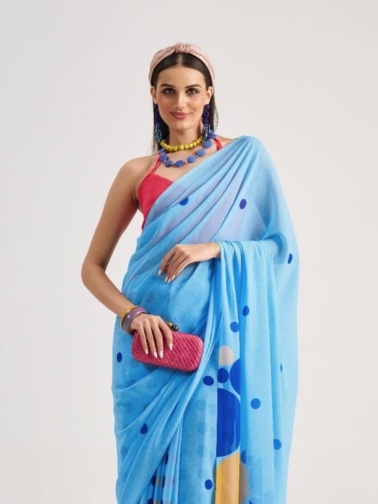 Blue Polka Dot Georgette Readymade/Easy Saree