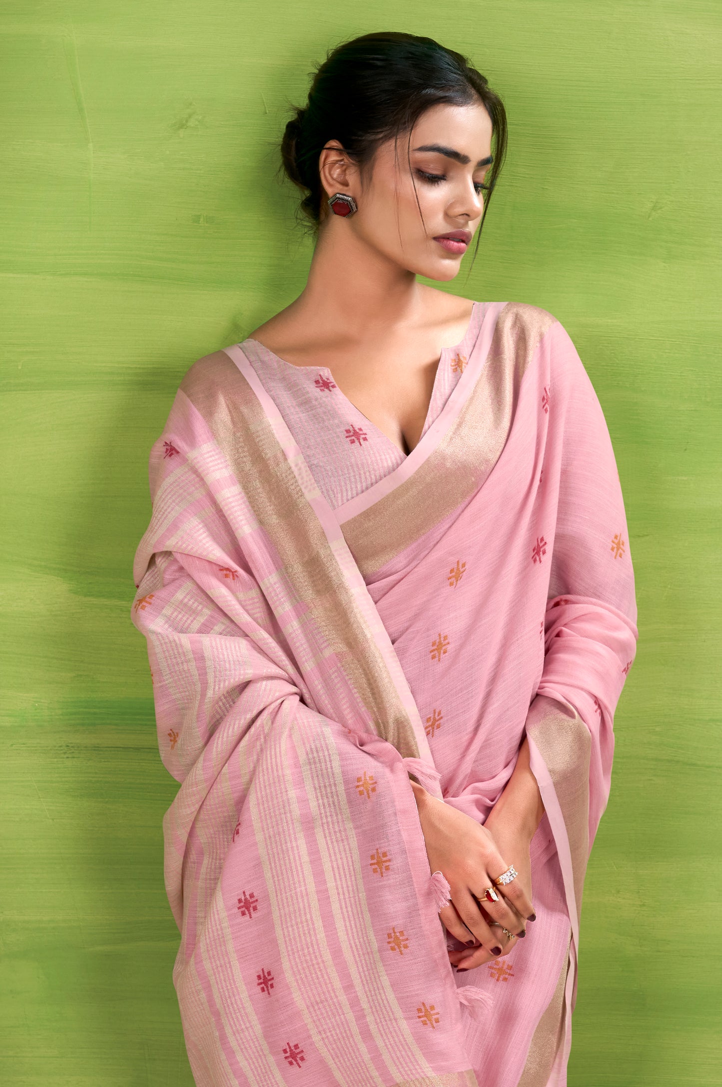Pink Linen Easy/Readymade Saree