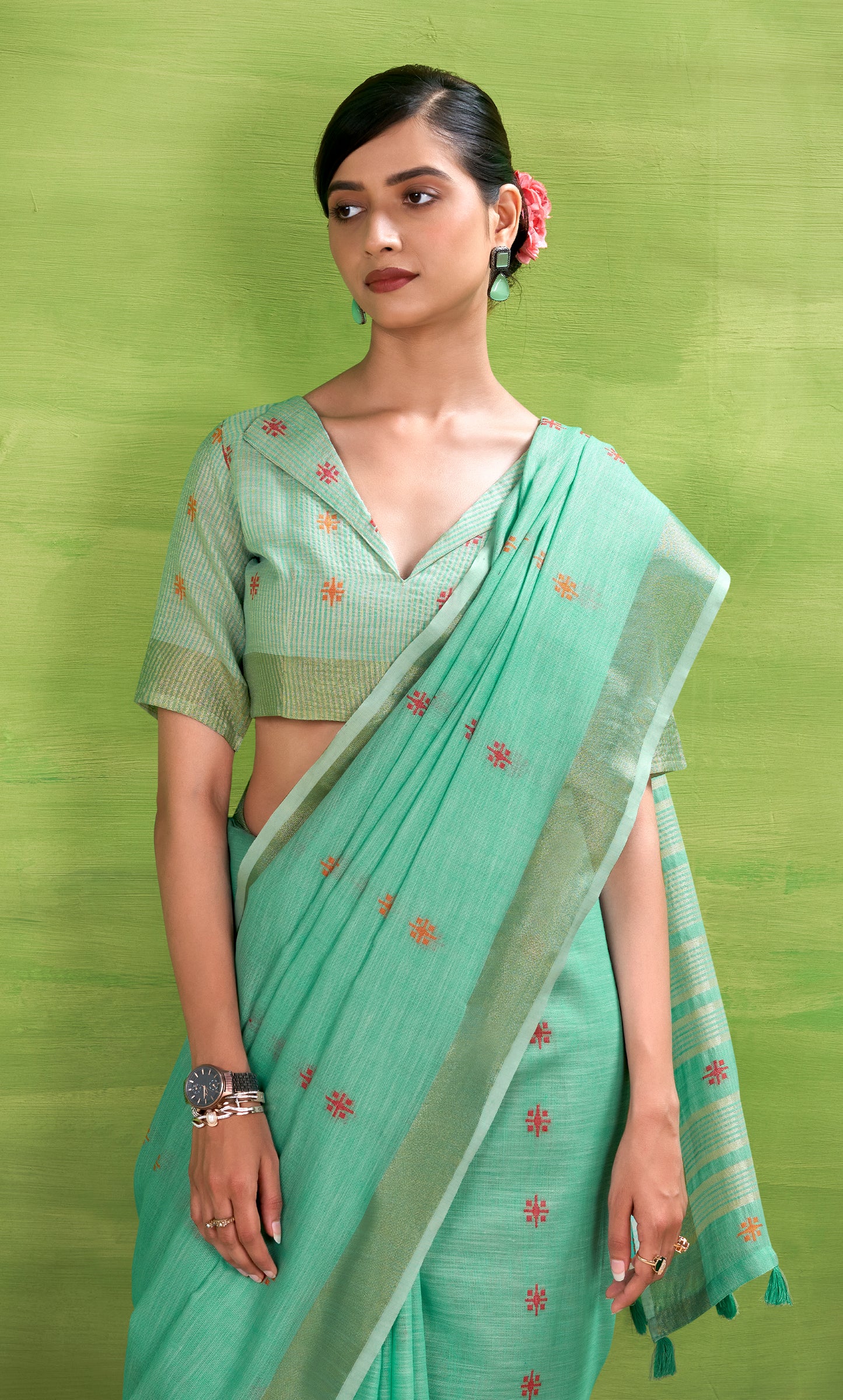 Green Linen Easy/Readymade Saree