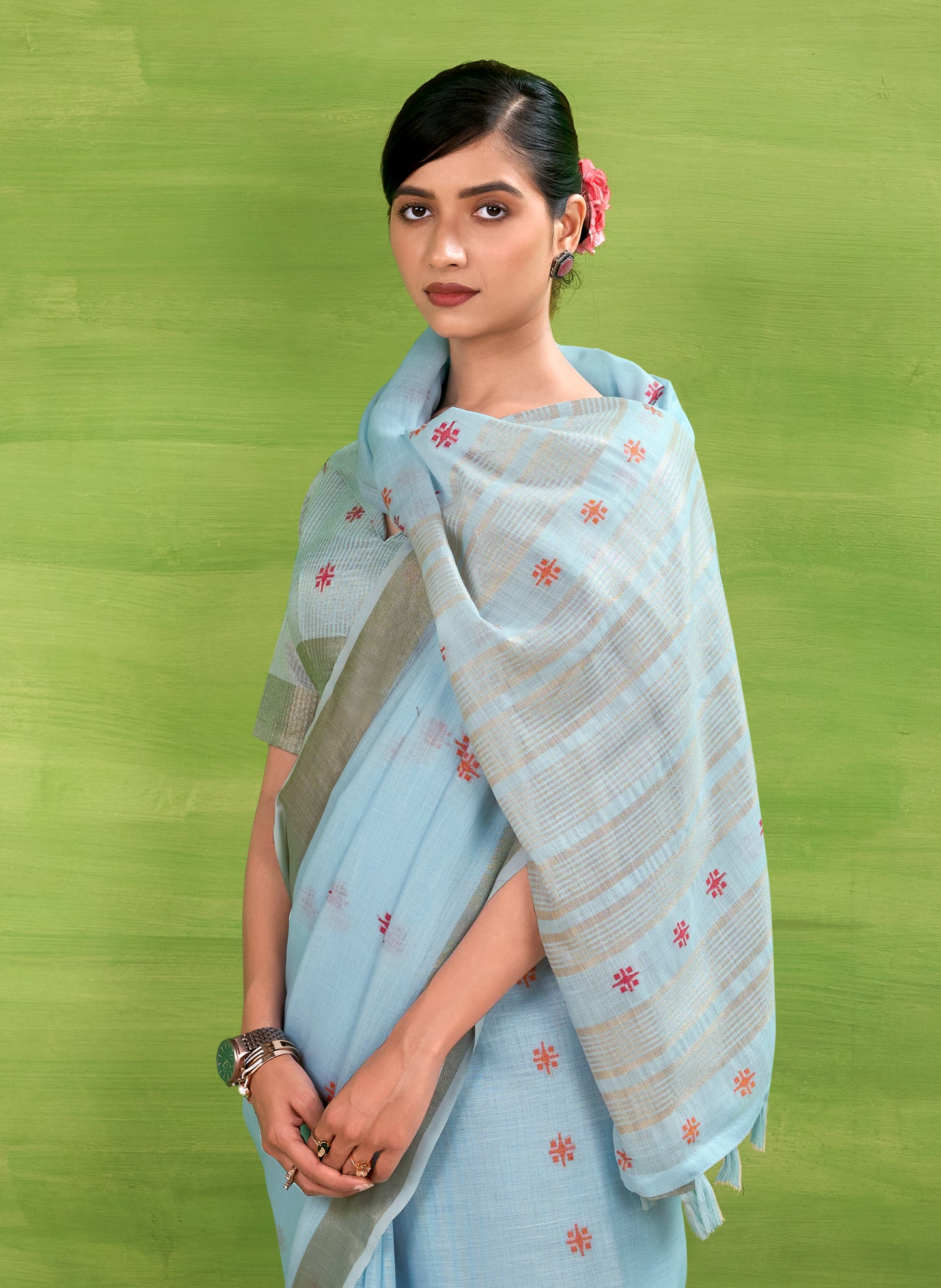 Sky Blue Linen Easy/Readymade Saree