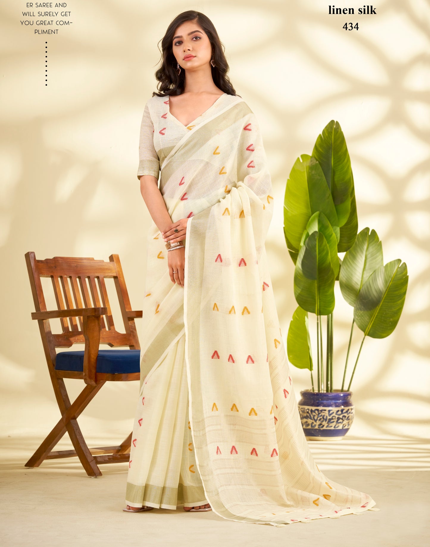 Off-White Linen Silk Office Wear Easy/Readymade Saree
