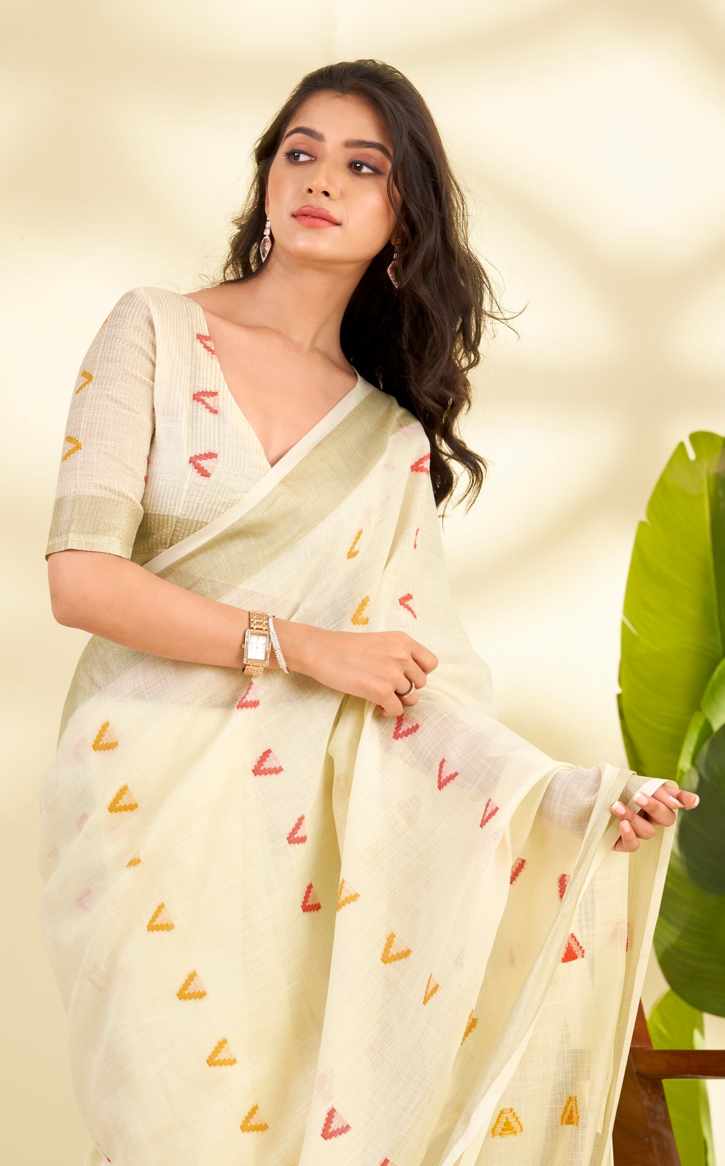 Off-White Linen Silk Office Wear Easy/Readymade Saree