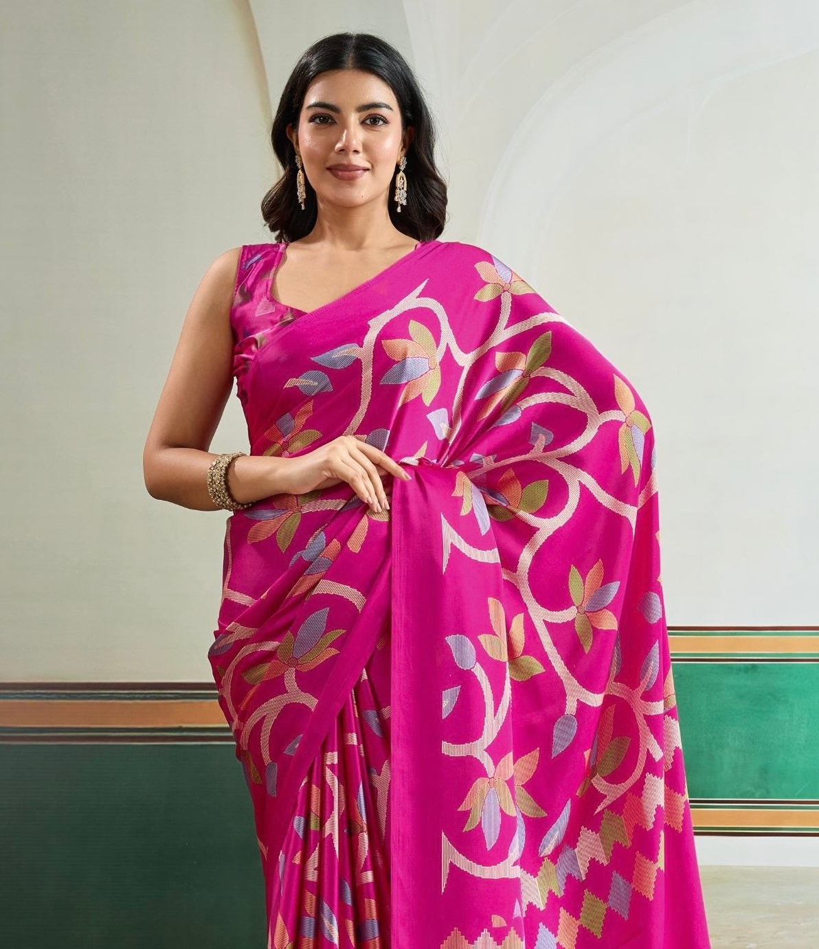 Pink Crepe Silk Readymade/Easy Saree