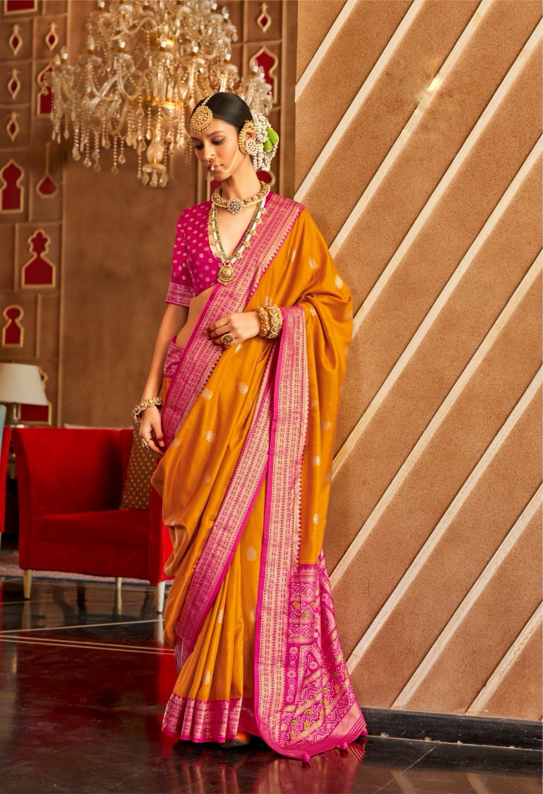 Mustard Color Patola Silk Readymade/Easy Saree