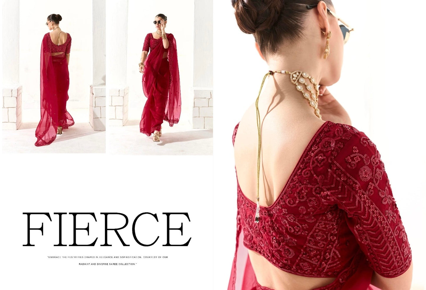 Red Organza Readymade Saree With Fancy Blouse Piece
