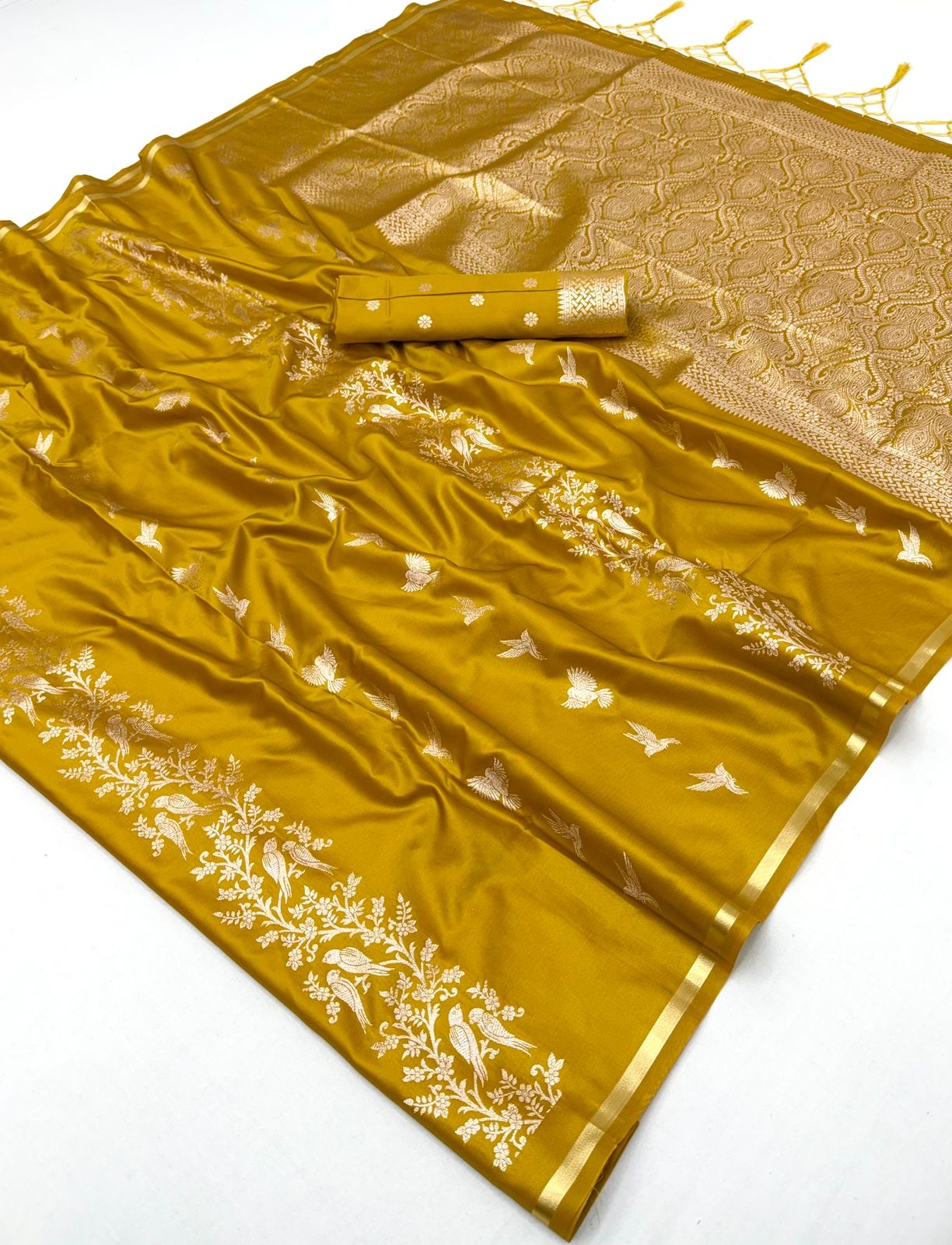 Mustard Yellow Satin Silk Readymade/Easy Saree - Panaash Saree
