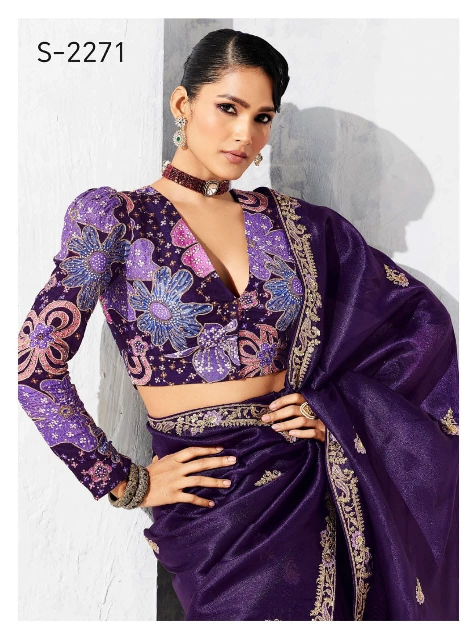 Purple Tissue Silk Readymade/Easy Saree
