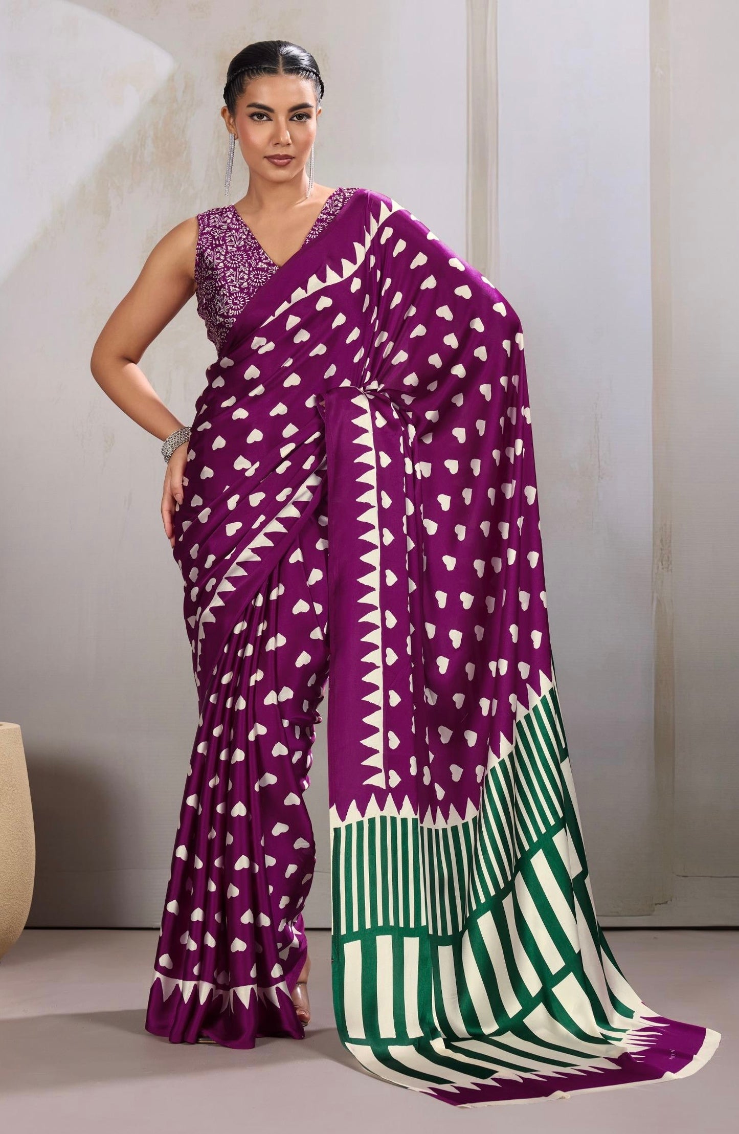 Plum Heart Dot Readymade Crepe Silk Saree