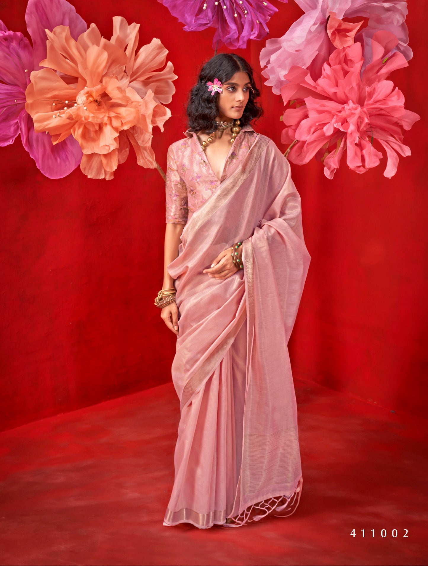 Peach Color Silk Readymade/Easy Saree With Fancy Unstitched Blouse