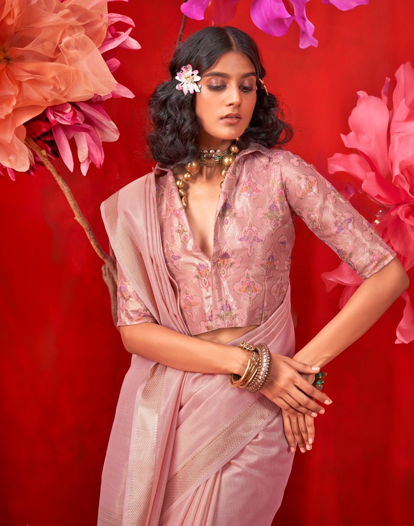 Peach Color Silk Readymade/Easy Saree With Fancy Unstitched Blouse