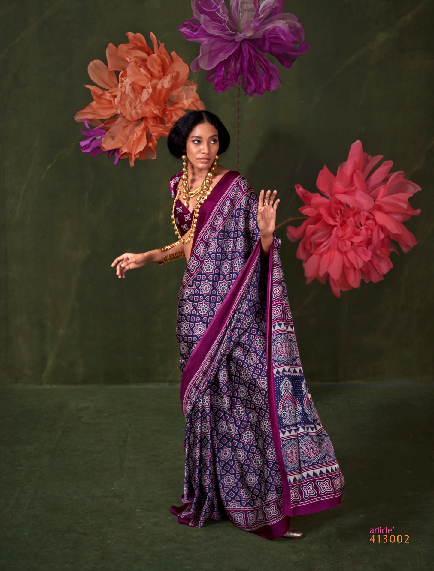 Purple Crepe Calm – Readymade Ajrakh Saree