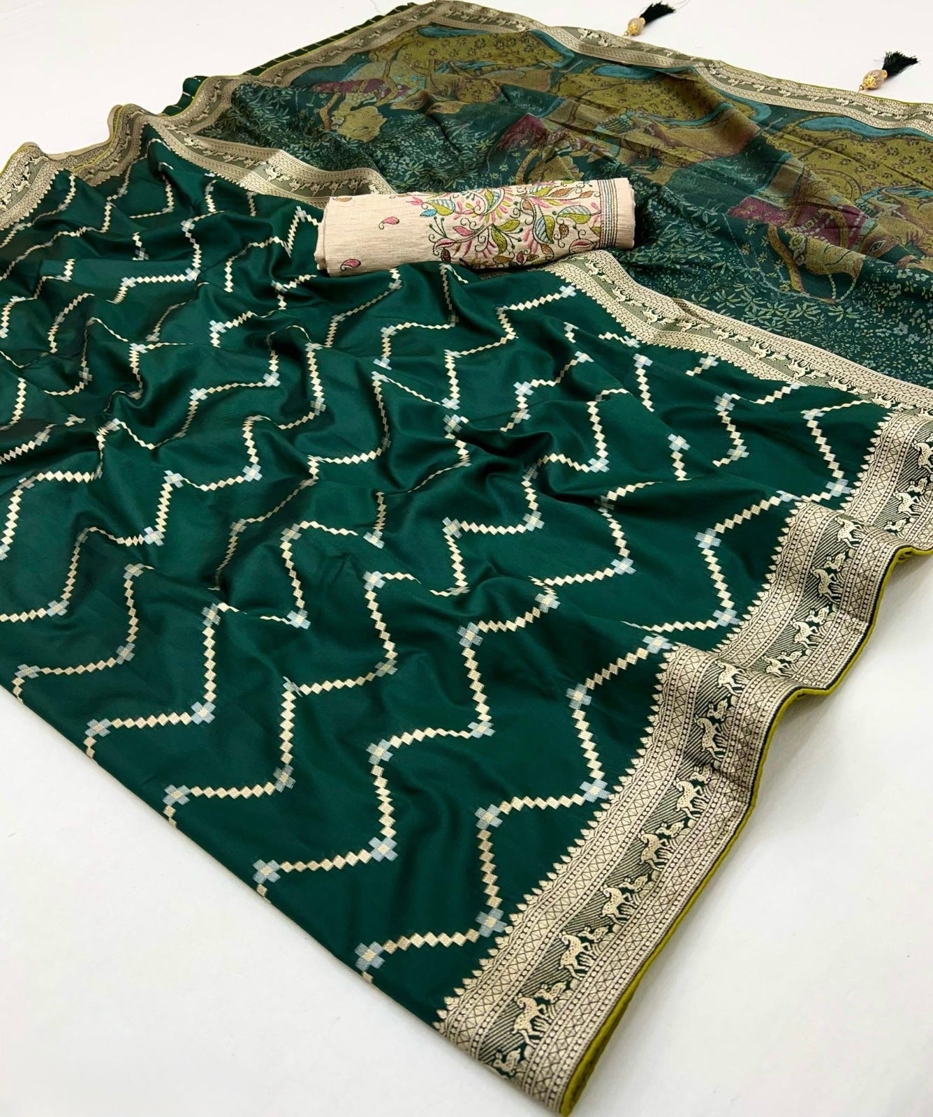 Green Color Banarasi Silk Readymade/Easy Saree