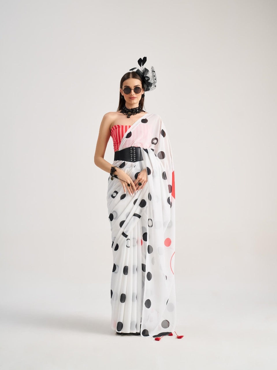 Black & White Polka Dot Georgette Readymade/Easy Saree