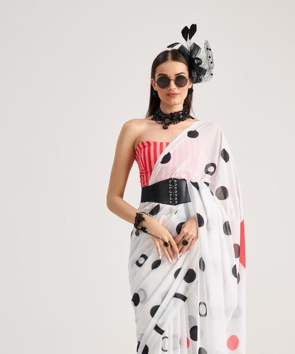 Black & White Polka Dot Georgette Readymade/Easy Saree