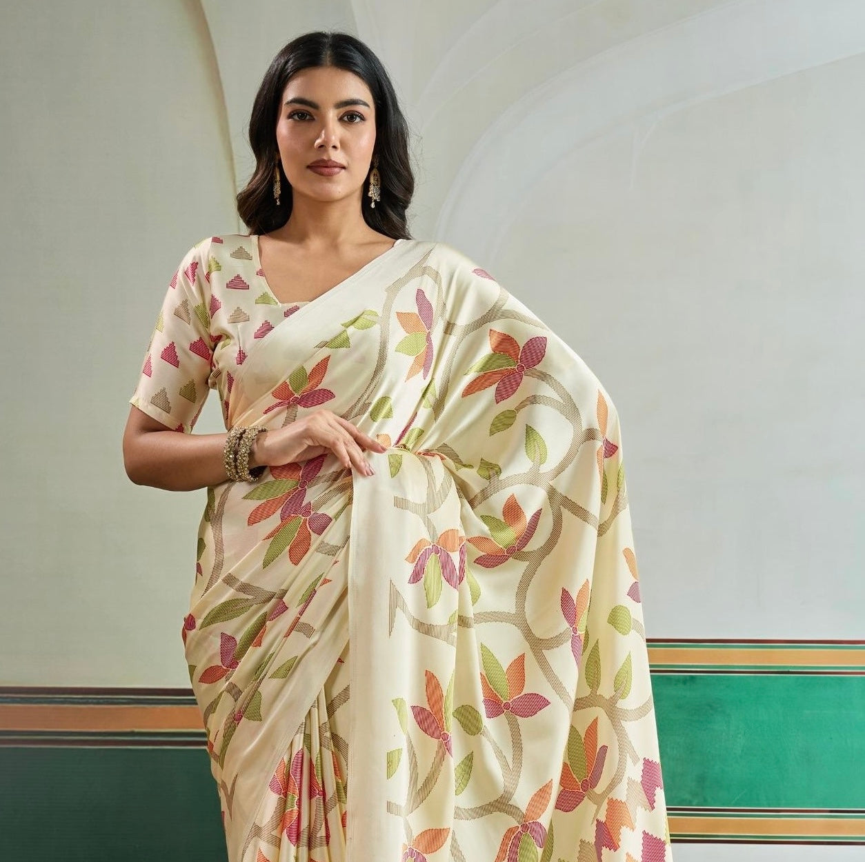 Off-White Crepe Silk Readymade/Easy Saree