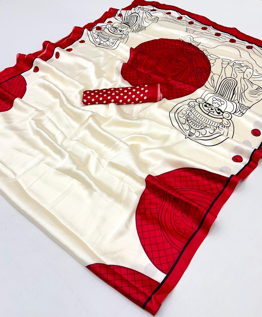 Red and White Crepe Silk Readymade/Easy Saree