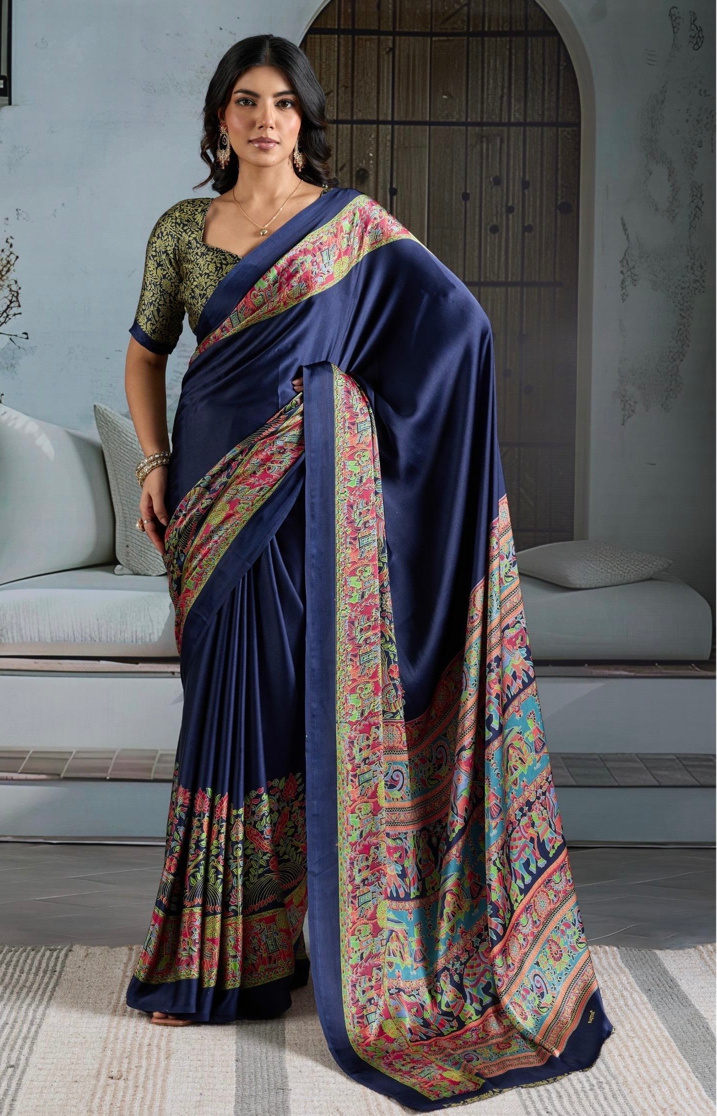Dark Blue Crepe Silk Readymade Saree