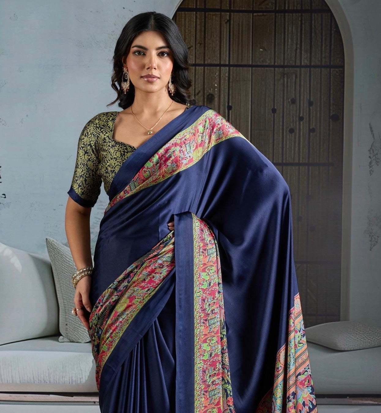 Dark Blue Crepe Silk Readymade Saree