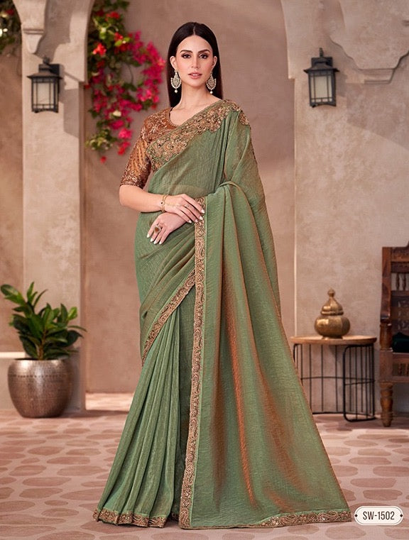 Olive Green Cocktail Party Wear Readymade Saree