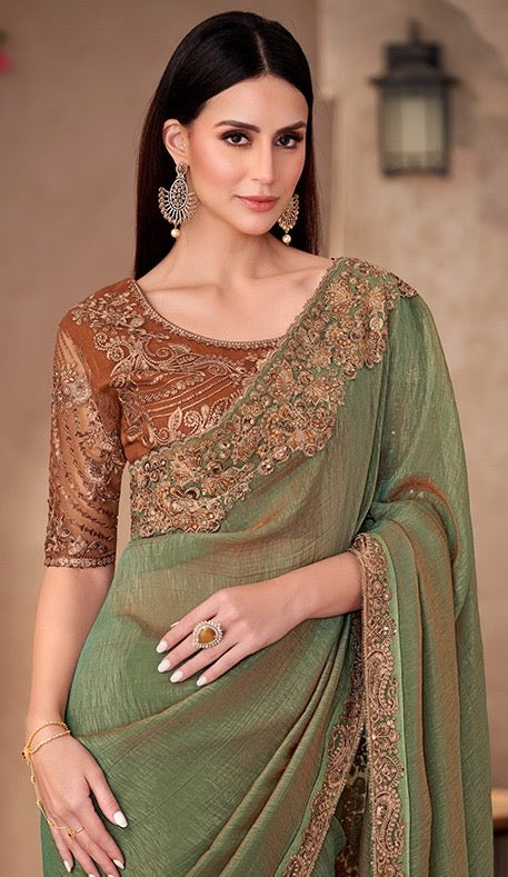 Olive Green Cocktail Party Wear Readymade Saree