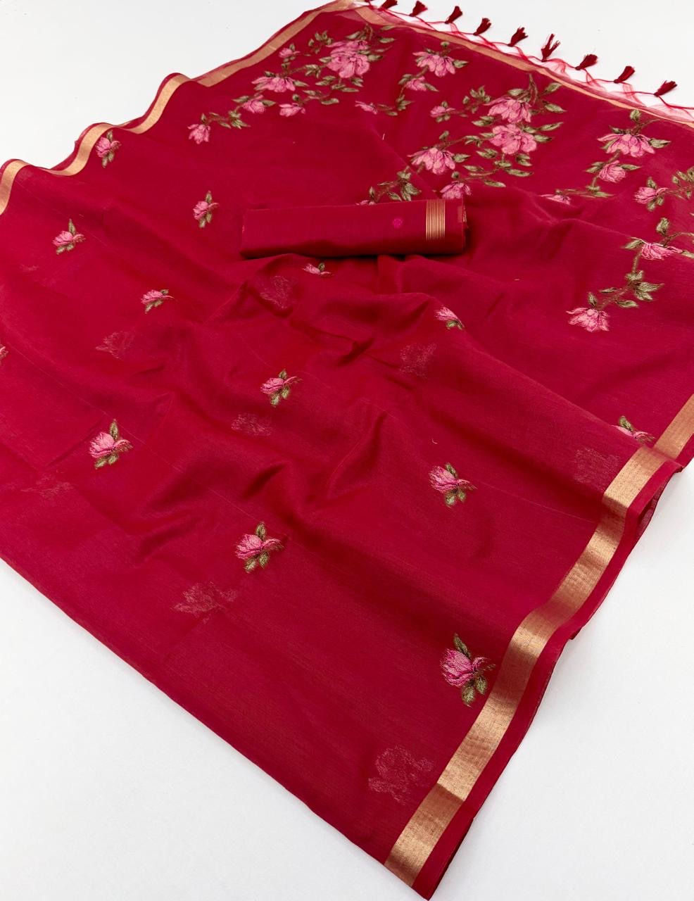 Red Munga Silk Ready To Wear/Easy Saree by Stylebypanaash