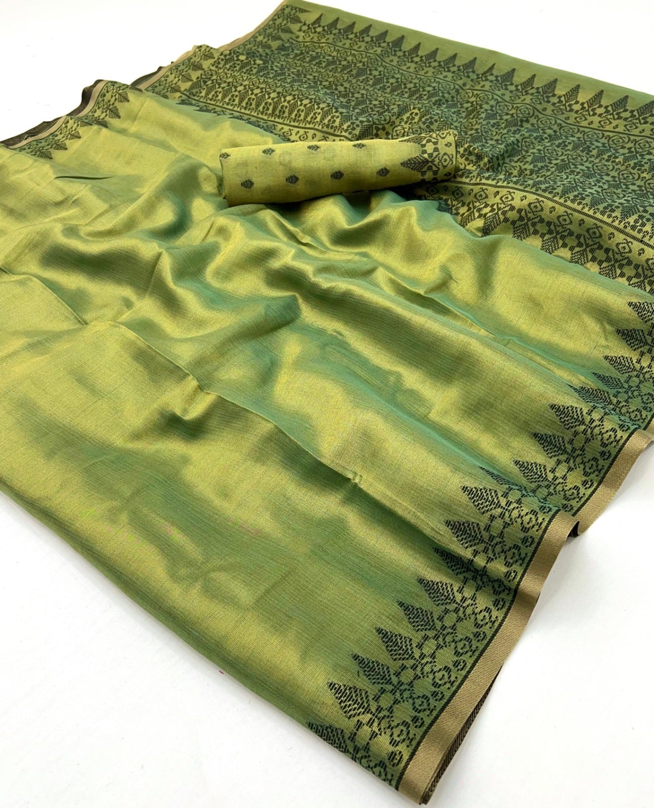 Green Linen Tissue Readymade/Easy Saree