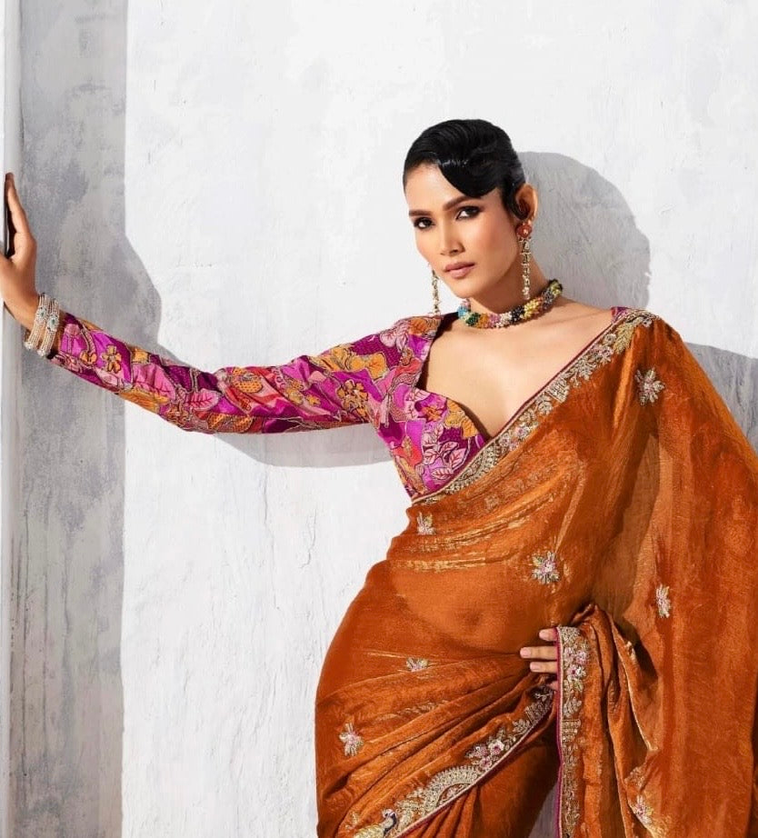 Rust Color Tissue Silk Readymade/Easy Saree
