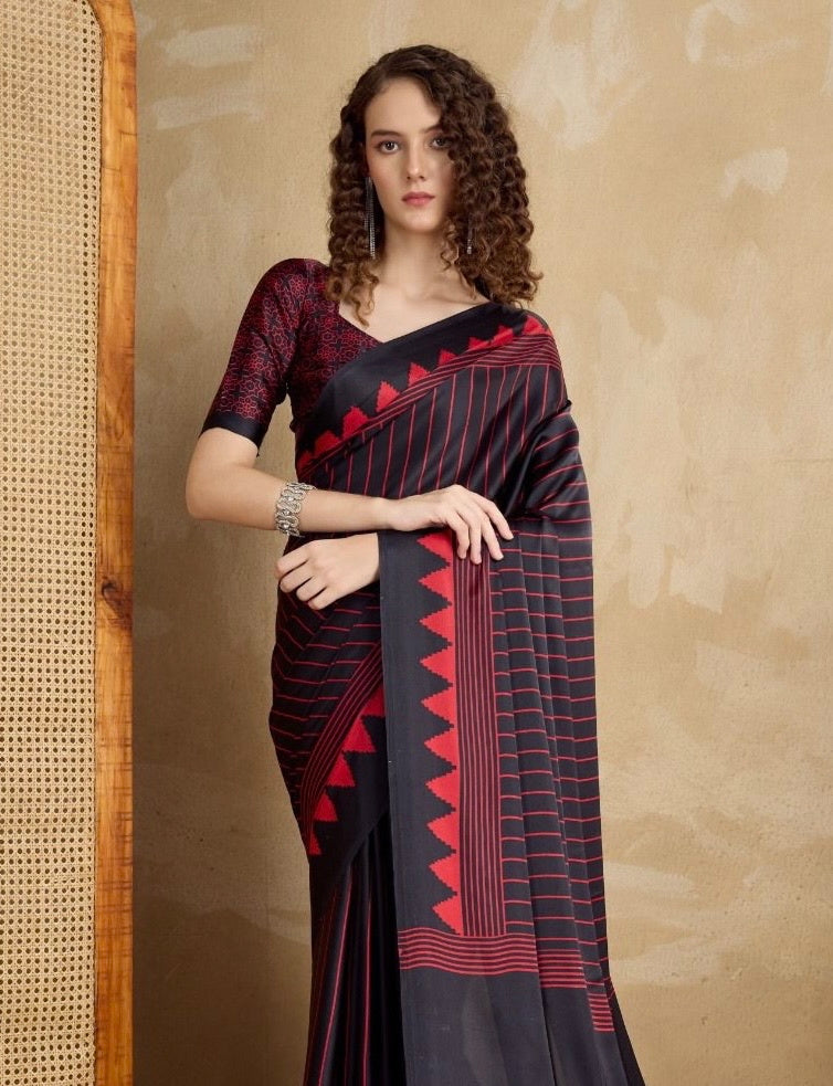 Black & Red Crepe Silk Readymade Saree