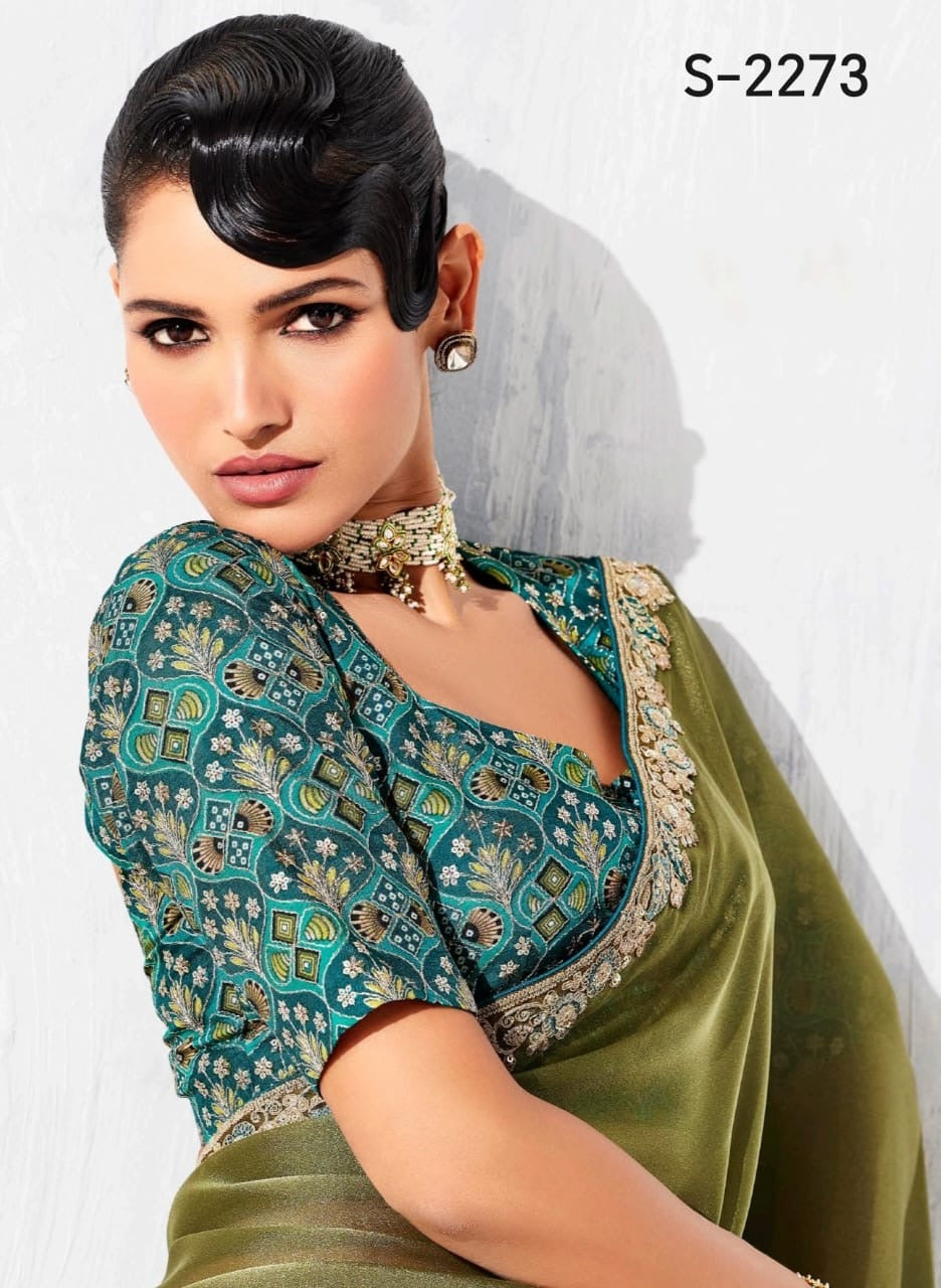 Green Tissue Silk Readymade/Easy Saree