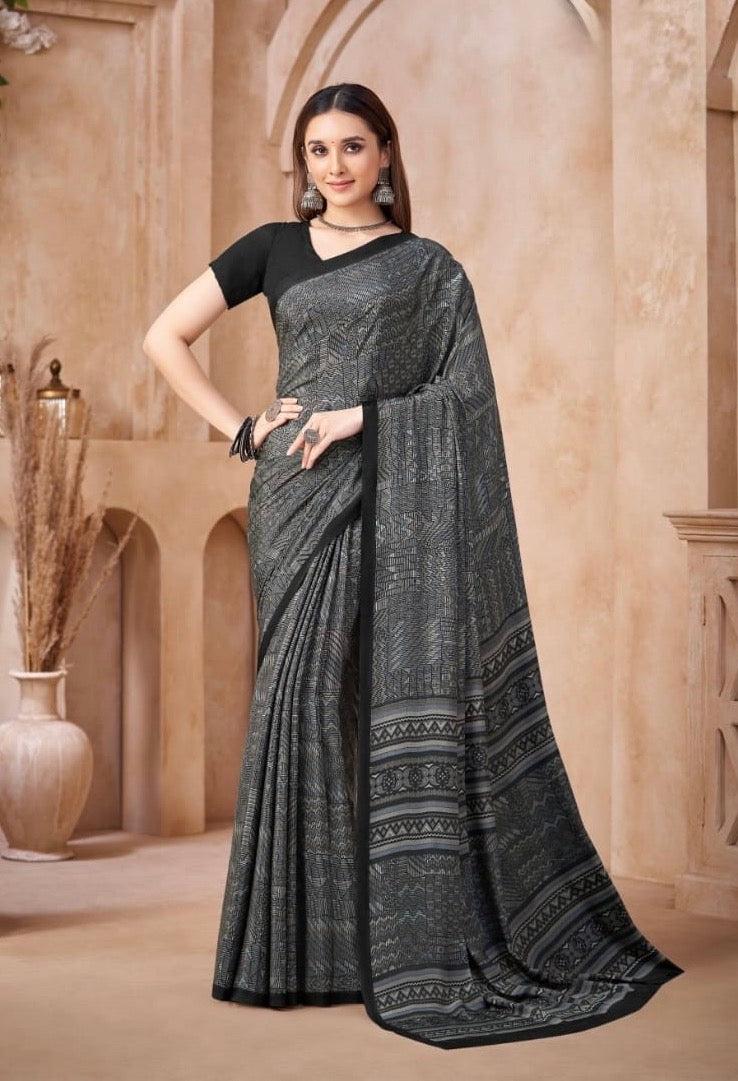 Black Color Printed Casual Crepe Readymade Saree