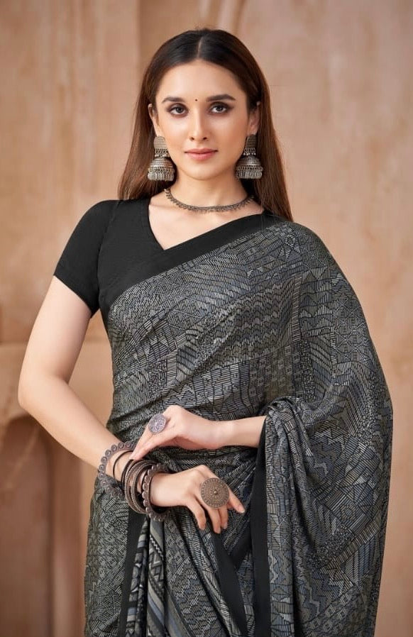 Black Color Printed Casual Crepe Readymade Saree
