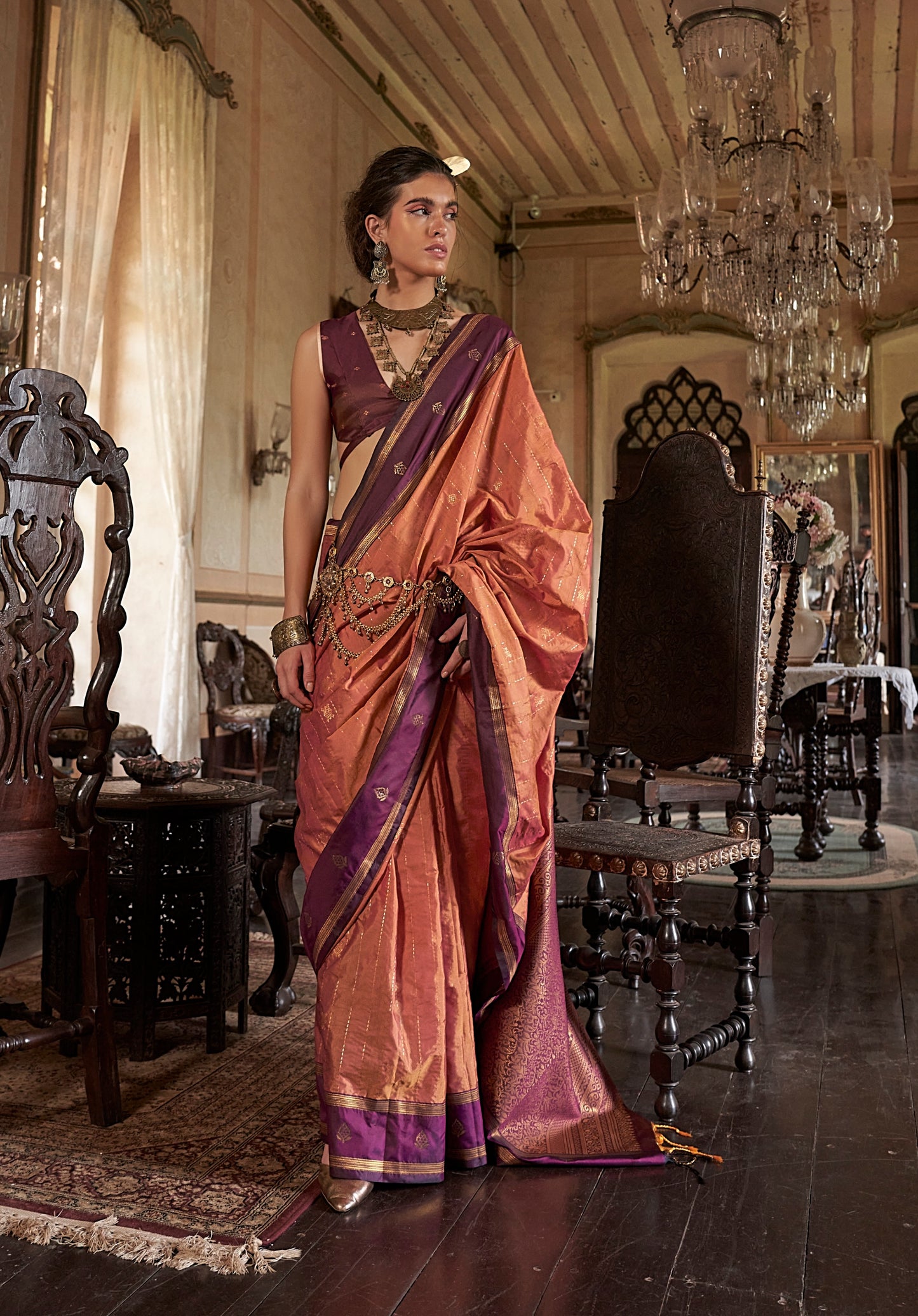 Orange Kanjivaram Silk Readymade/Easy Saree