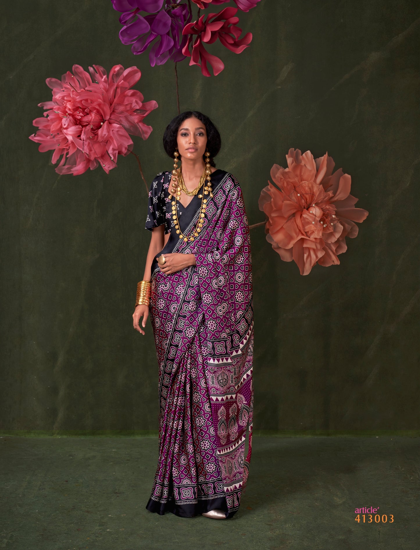 Purple & Black Crepe Calm – Readymade Ajrakh Saree