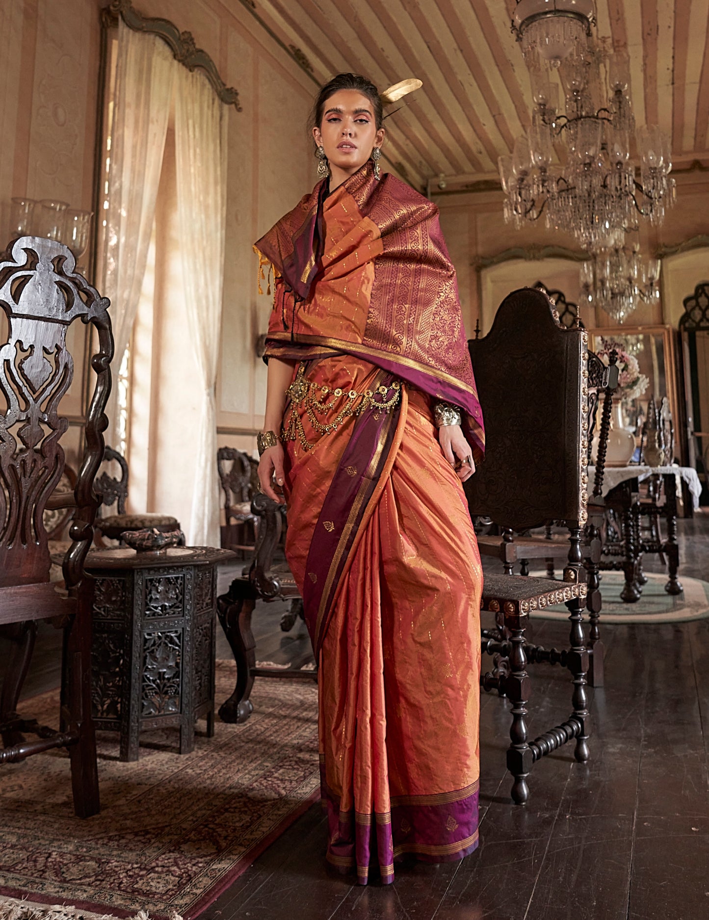 Orange Kanjivaram Silk Readymade/Easy Saree