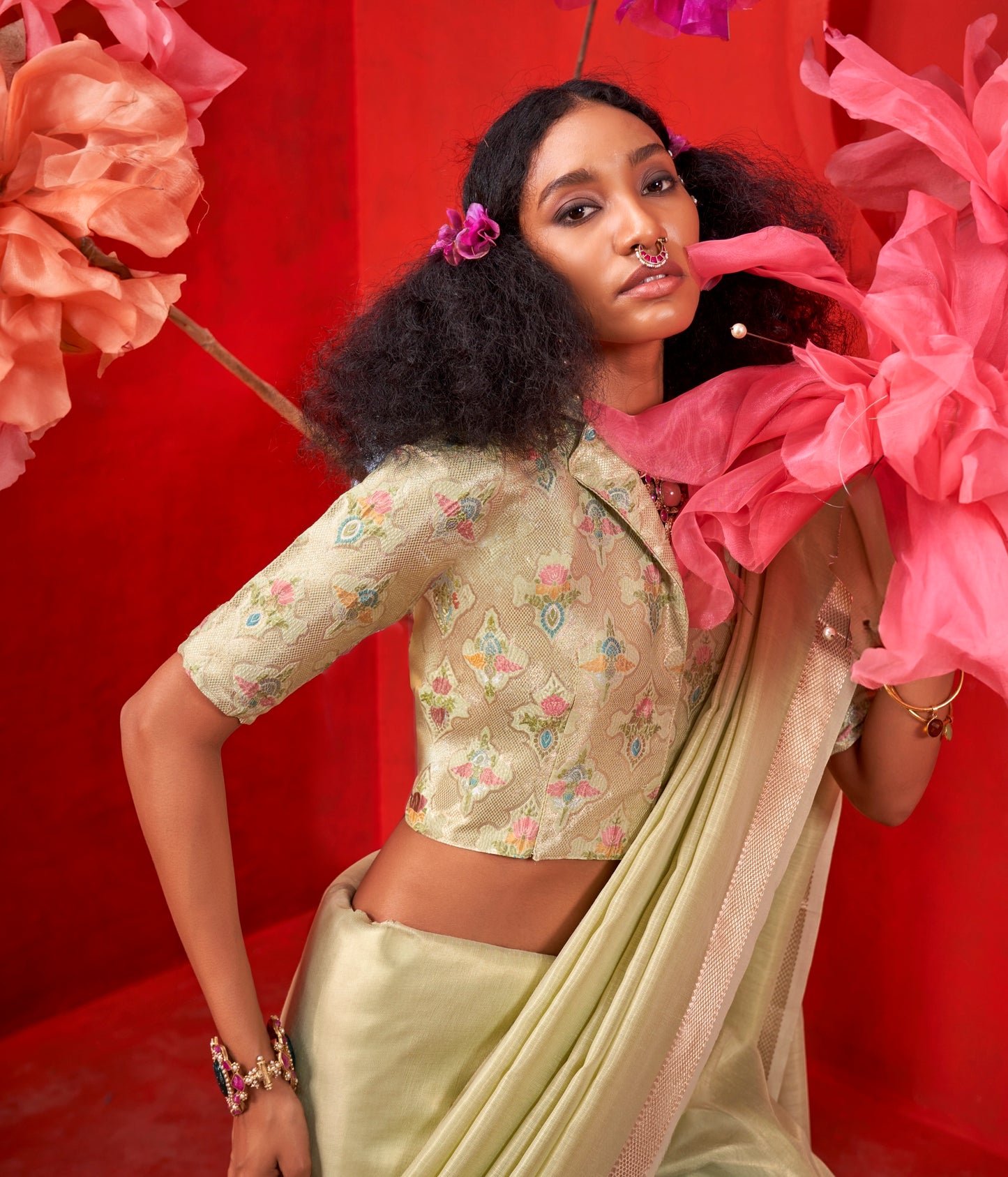 Pastel Green Silk Readymade/Easy Saree With Fancy Unstitched Blouse