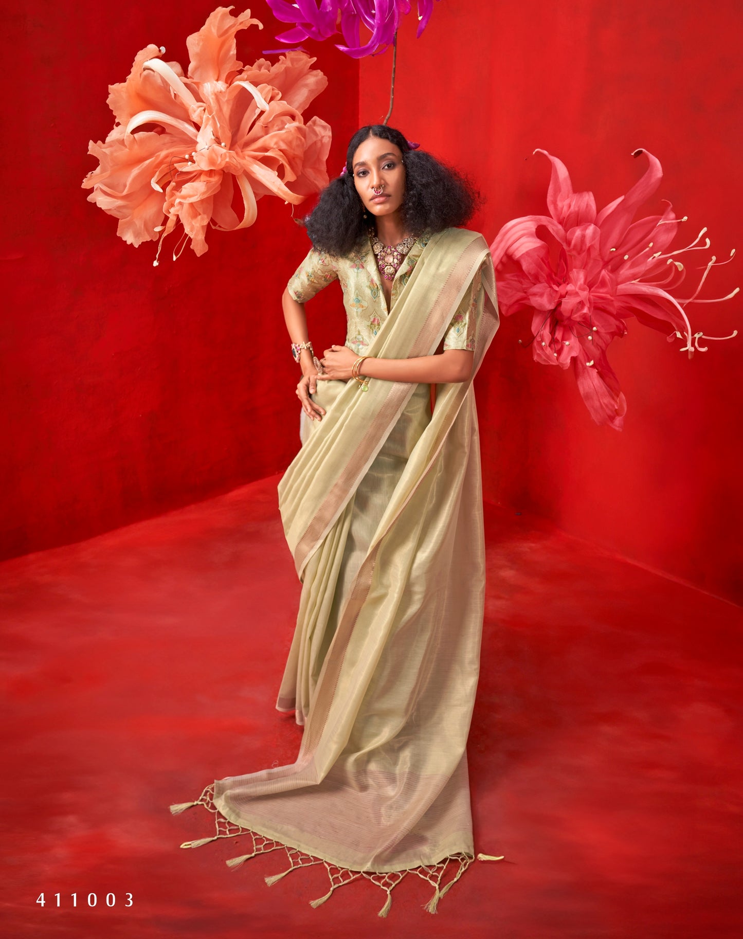 Pastel Green Silk Readymade/Easy Saree With Fancy Unstitched Blouse