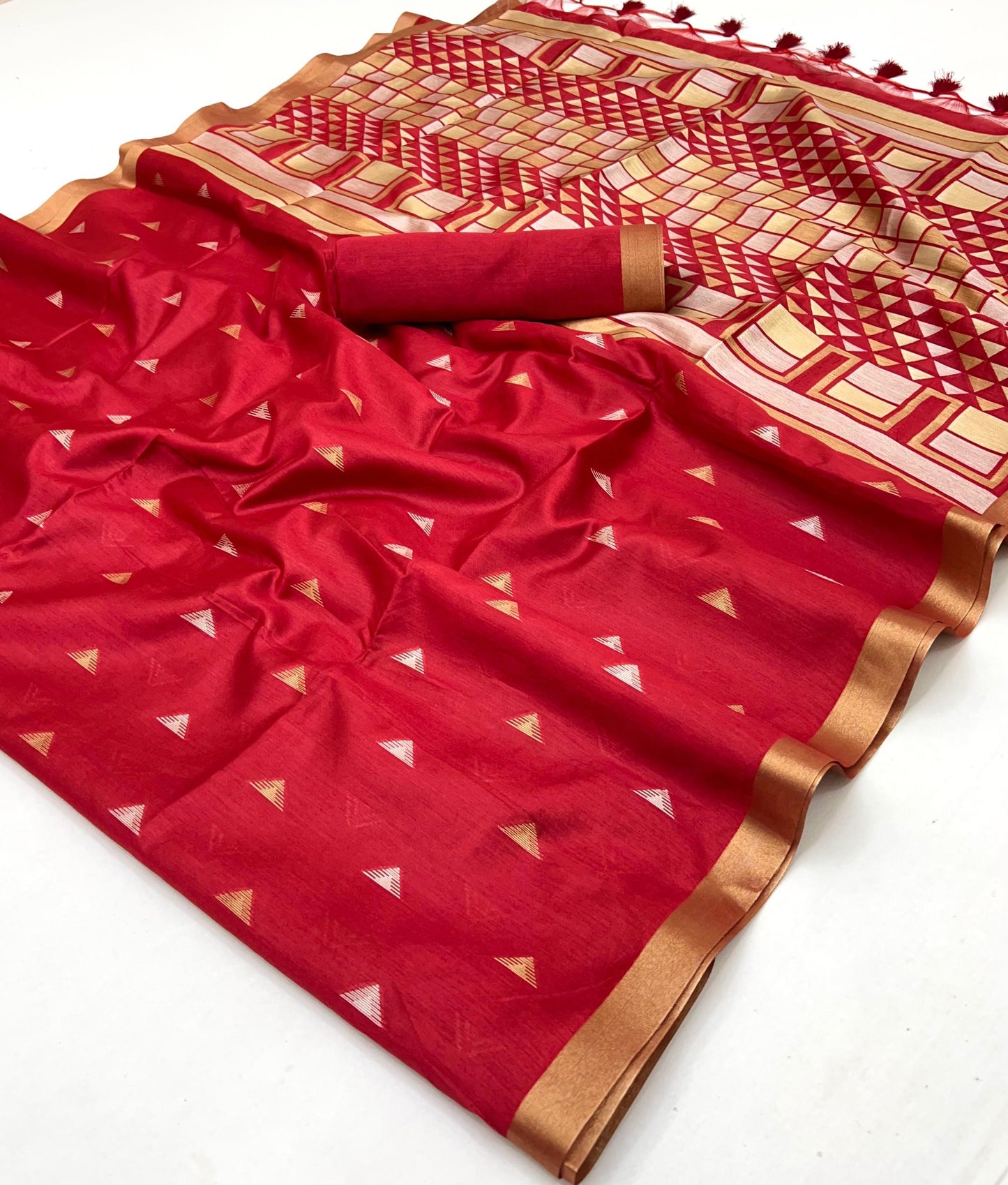 Red Tussar Silk Readymade/Easy Saree