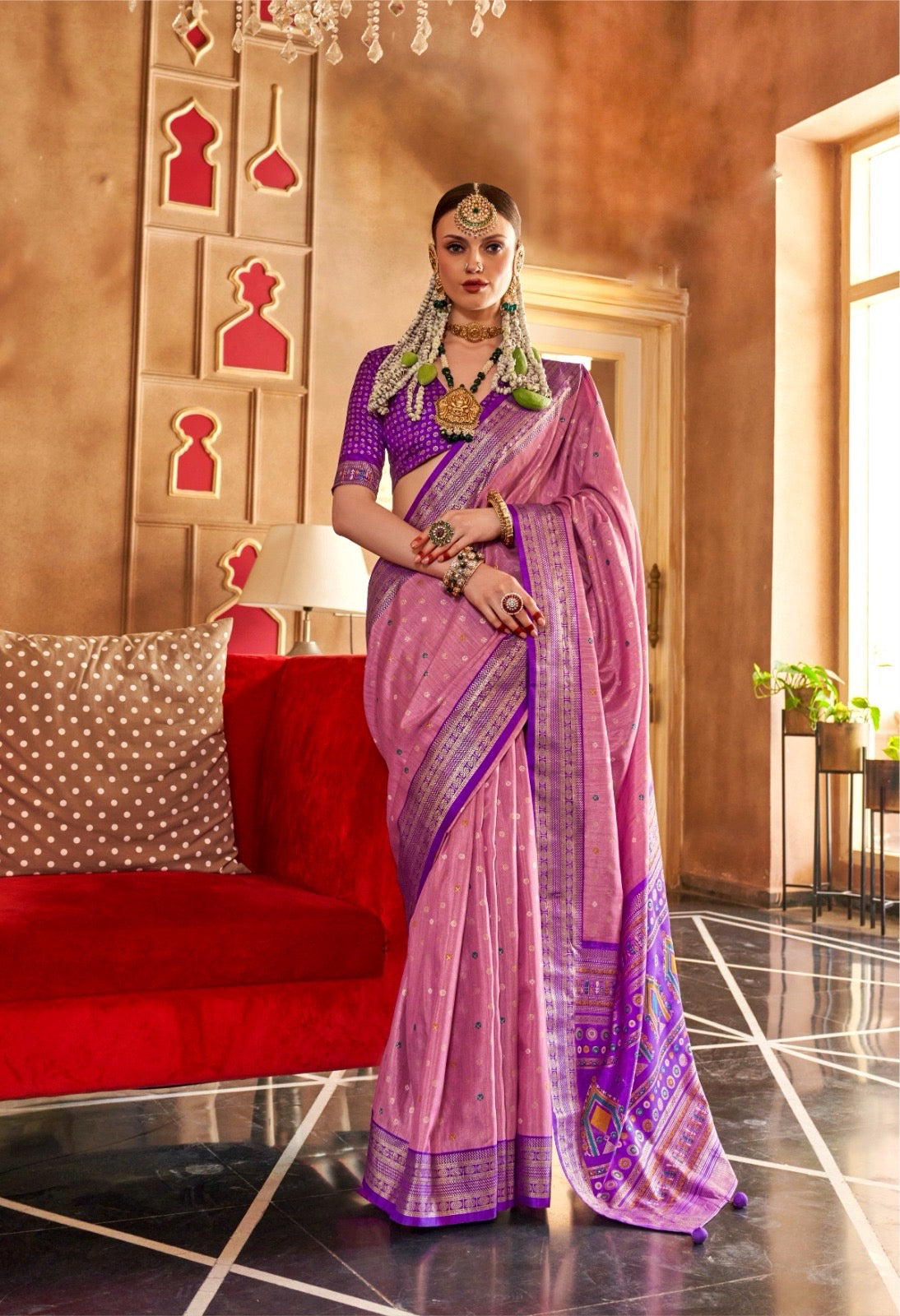 Pink Color Patola Silk Readymade/Easy Saree