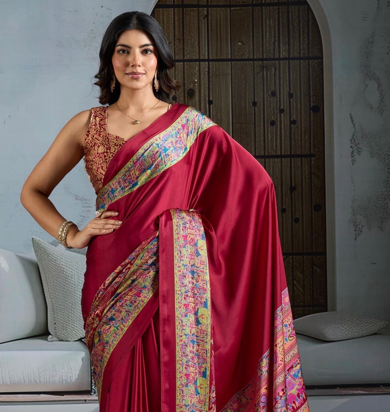 Red Crepe Silk Readymade Saree
