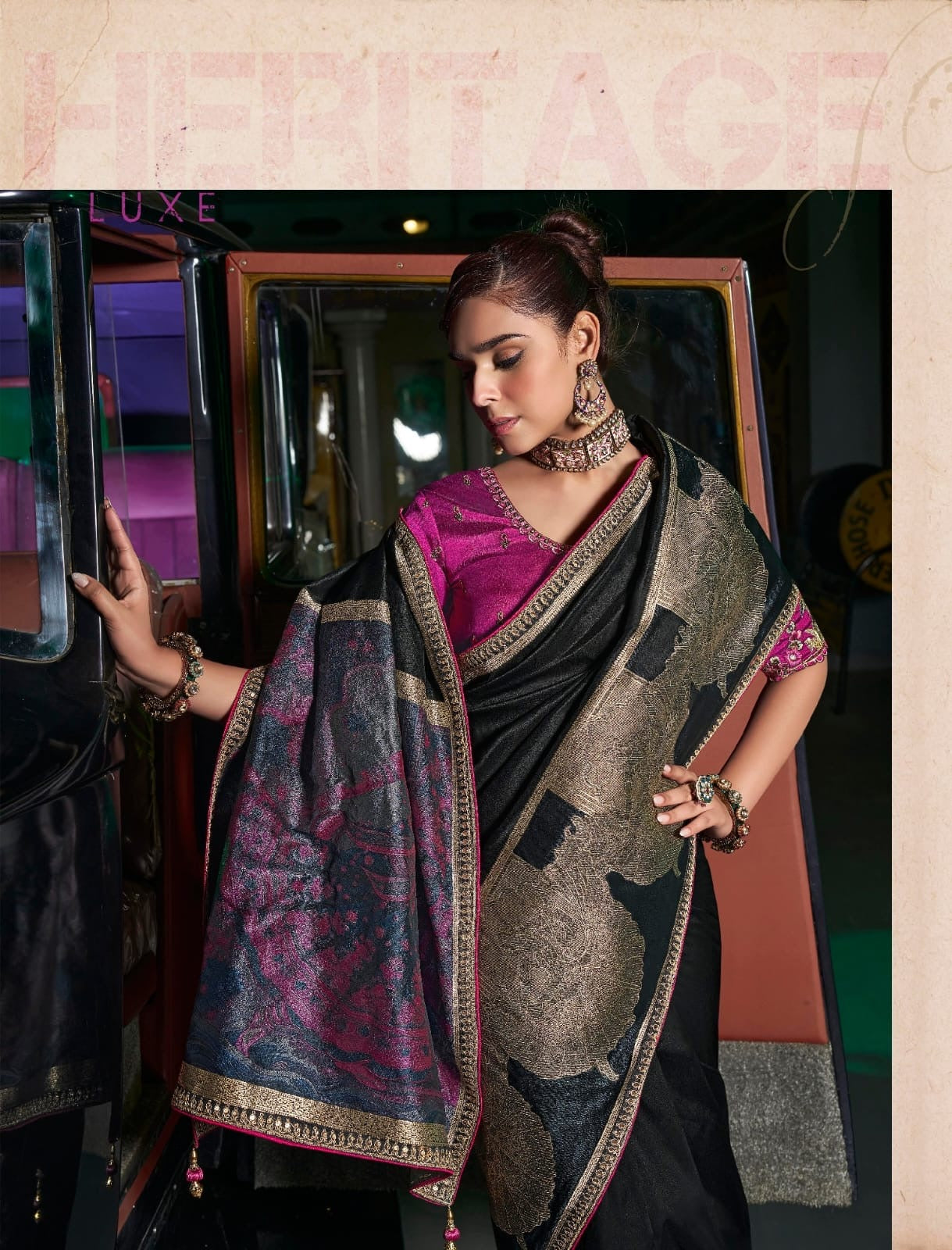 Plain Black Banarasi Silk Readymade/Easy Saree