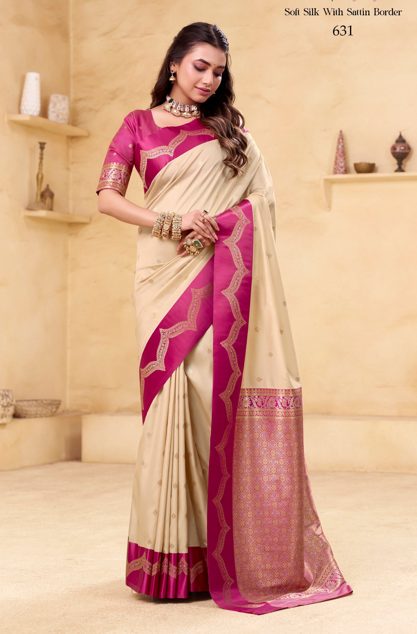 Cream Kanjivaram Silk Readymade/Easy Saree