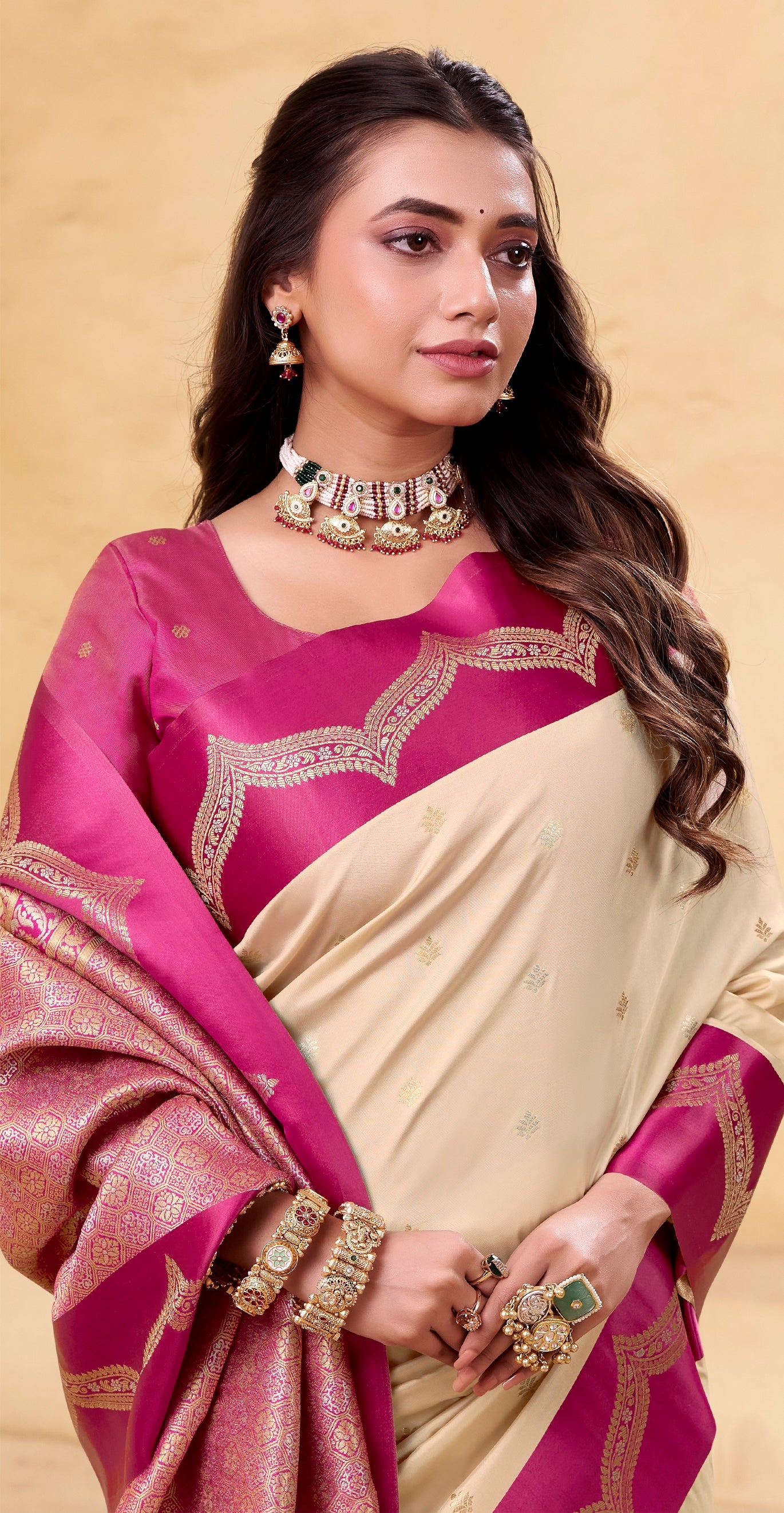 Cream Kanjivaram Silk Readymade/Easy Saree